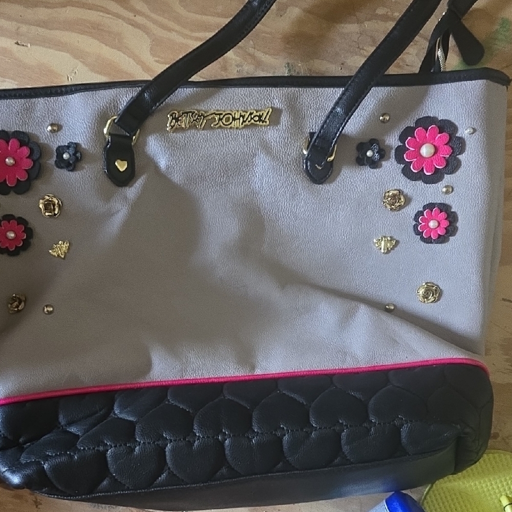Betsey Johnson Gray and Black Floral Tote Bag - Picture 1 of 4
